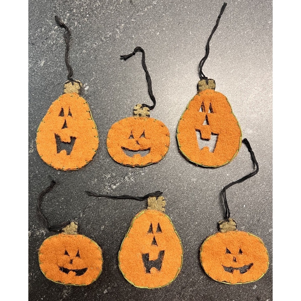 Six Handmade Wool Jack-A-Lantern Pumpkin 🎃 Ornaments 2 Sizes Halloween